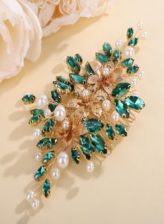 Rumtock Green Rhinestones Beads Hair Piece for Wedding Brides Bridesmaid Pearl Handmade Hair Comb for Women (Green) - Image 4